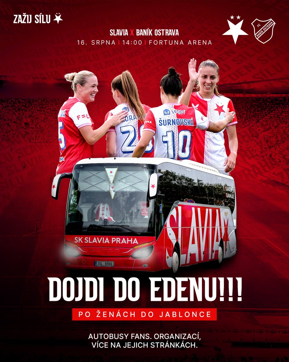🚍 Po ženách do Jablonce

Fanouškovské autobusy do Jablonce vyjedou až po sobotním utkání žen s Ostravou. Stihnete tak oba zápasy. Více informací o výjezdu najdete na stránkách organizací <a href="/TRIBUNA_SEVER/">Tribuna Sever</a> , <a href="/odborpratel/">Odbor přátel Slavie</a> a <a href="/FanklubSKS/">Fanklub SK Slavia Praha</a>. 

Dojdi do Edenu!!! 👉 slavia.cz/VstupenkyNaZeny