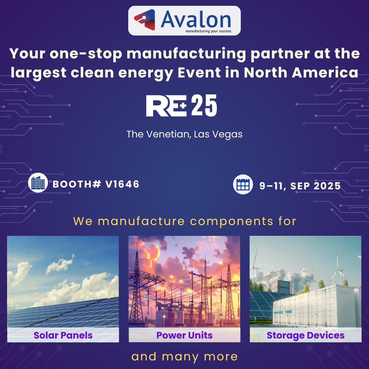 AvalontecInd's tweet photo. Big news! 🚀 Avalon is exhibiting at RE+ 2025 in Las Vegas, Sep 9–11. Discover our advanced EMS solutions driving the future of solar, storage &amp; smart energy. Booth #1646 ⚡ #REPlus25 #CleanEnergy #EMS #CleanEnergy #oem #EXPO2025 https://t.co/yCcsnePe1I