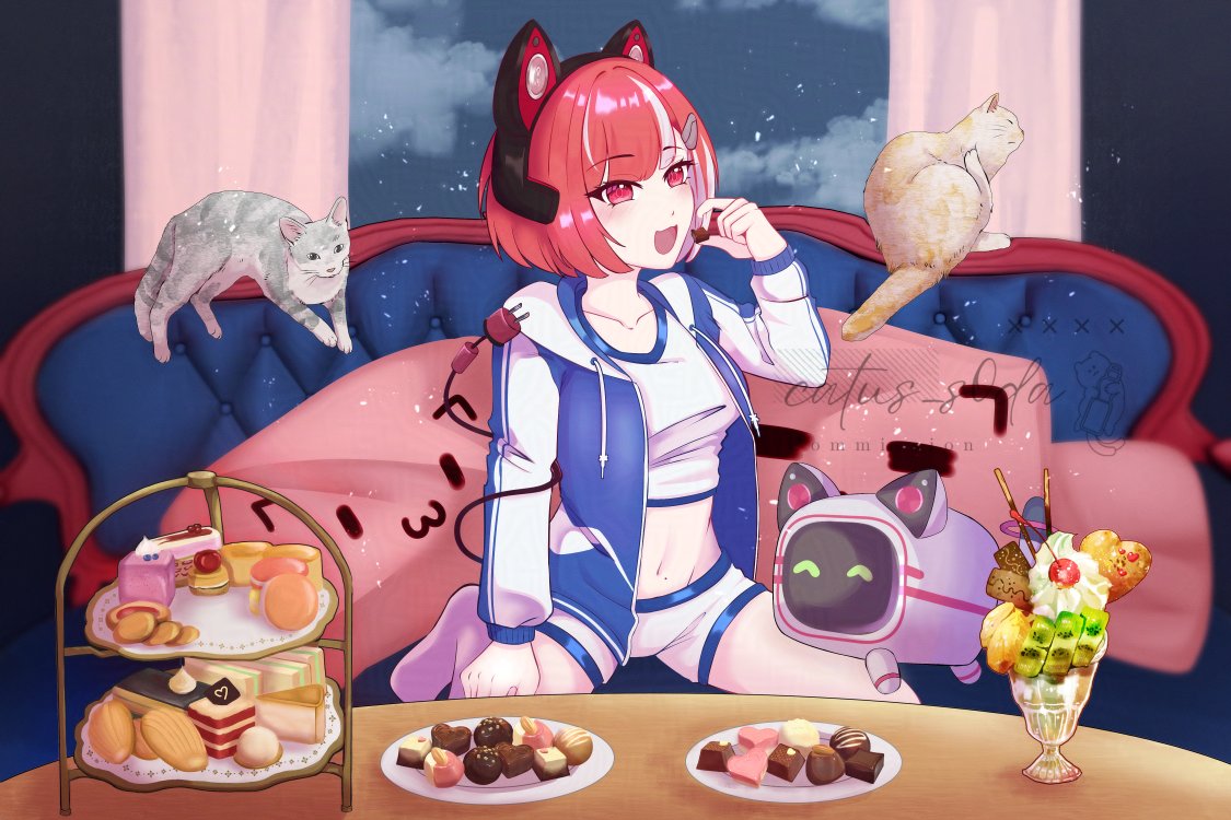 Catus_S0da's tweet photo. A very bright red cat seems to invade the system and eat all the snacks 🍰✨

Thank you @sister_ram for giving me the chance to draw her!!

#イラスト #lykolourful https://t.co/O3T27nTFSA