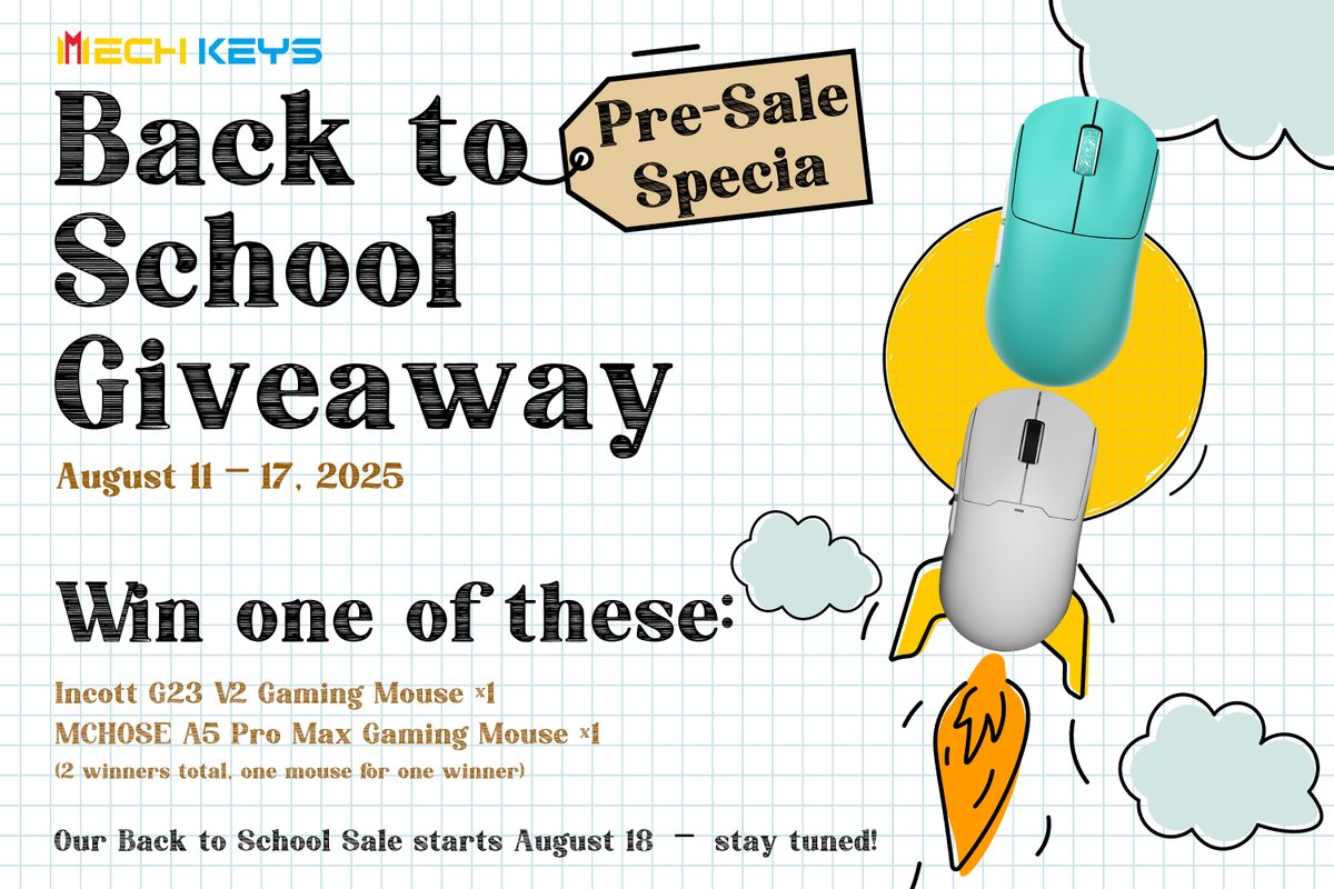 🚨 GIVEAWAY ALERT! 🚨
Who wants a killer gaming mouse to OWN both school and play? 🙋‍♂️🙋‍♀️
Win Incott G23 V2 or MCHOSE A5 Pro Max! 
Two winners😊
🗓️ Aug 11–17
RT + like + comment to enter ！
👉：mechkeys.com/collections/sa… 

#backtoschool #giveaways  #Win #Sweepstakes #Contest #mechkeys