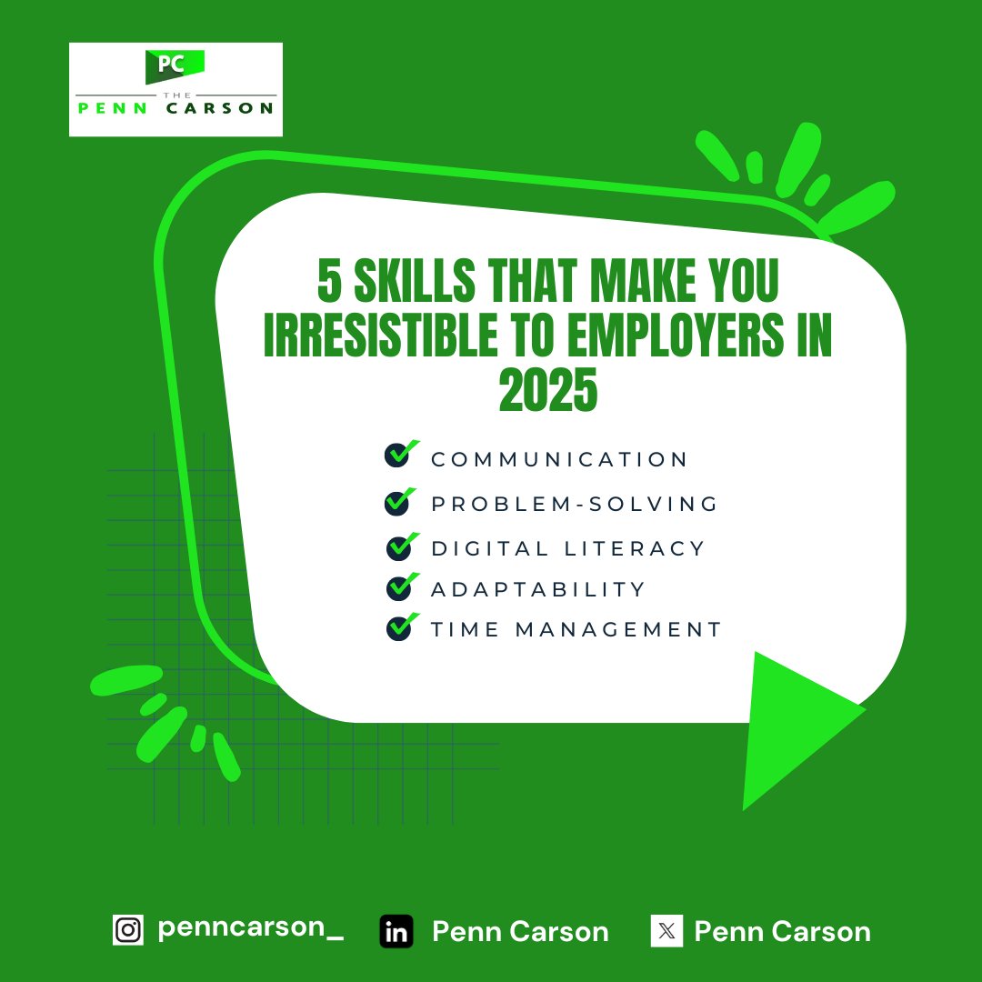 pcwritinghub's tweet photo. Your degree or experience might get you noticed…

But these 5 skills will get you HIRED.

Which one do you need to work on this month?

#CareerGrowth #EmployabilitySkills #PennCarson https://t.co/5N7rpohSGV