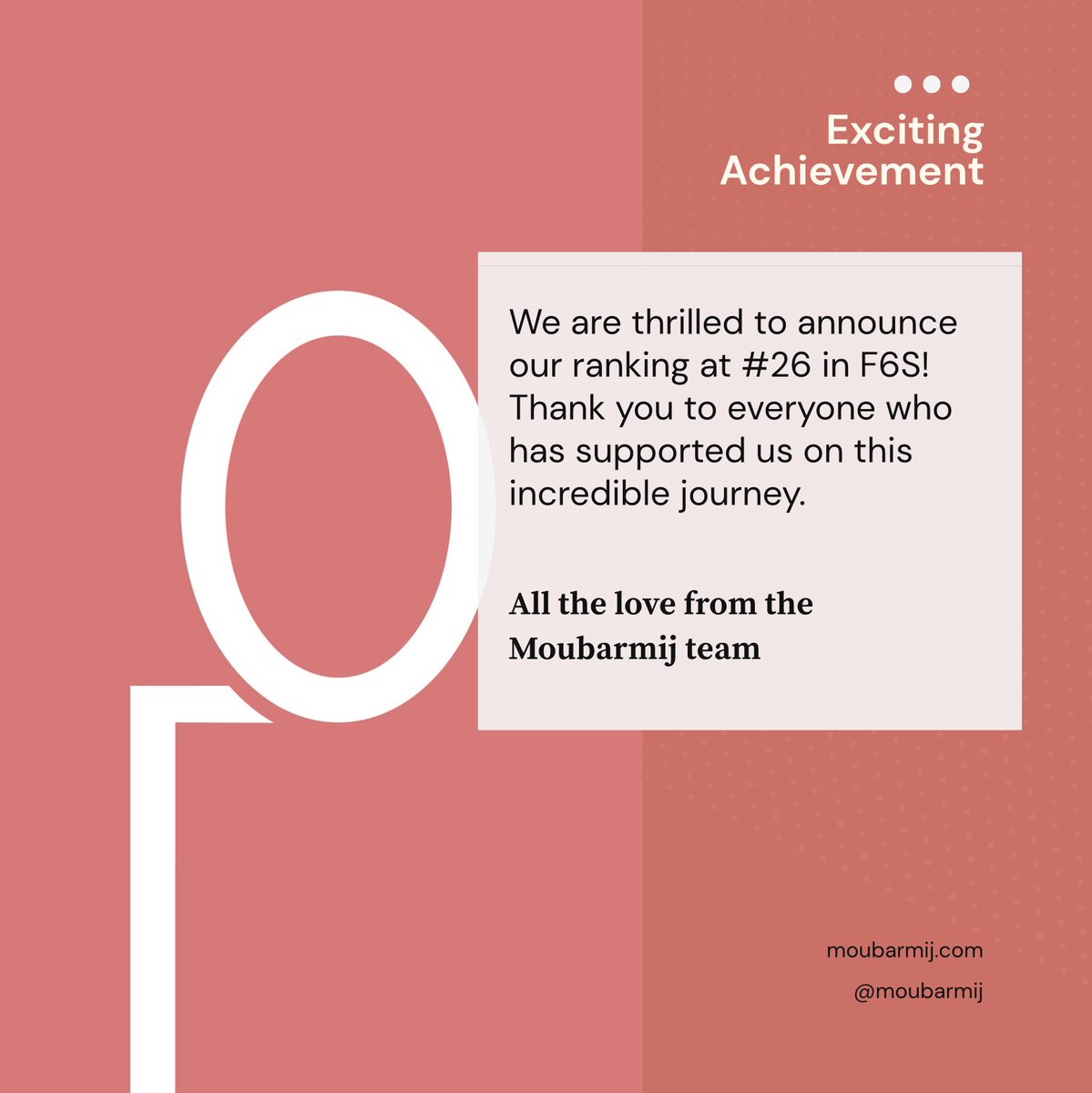 Exciting news! 🎉 

Moubarmij has just been ranked #26 in EdTech on <a href="/f6s/">f6s</a> for July. 

Standing out among over 2 million startups worldwide! 

We're thrilled to be recognized for our innovative work in education technology.

Check out the full rankings here: lnkd.in/dJF-k9AS