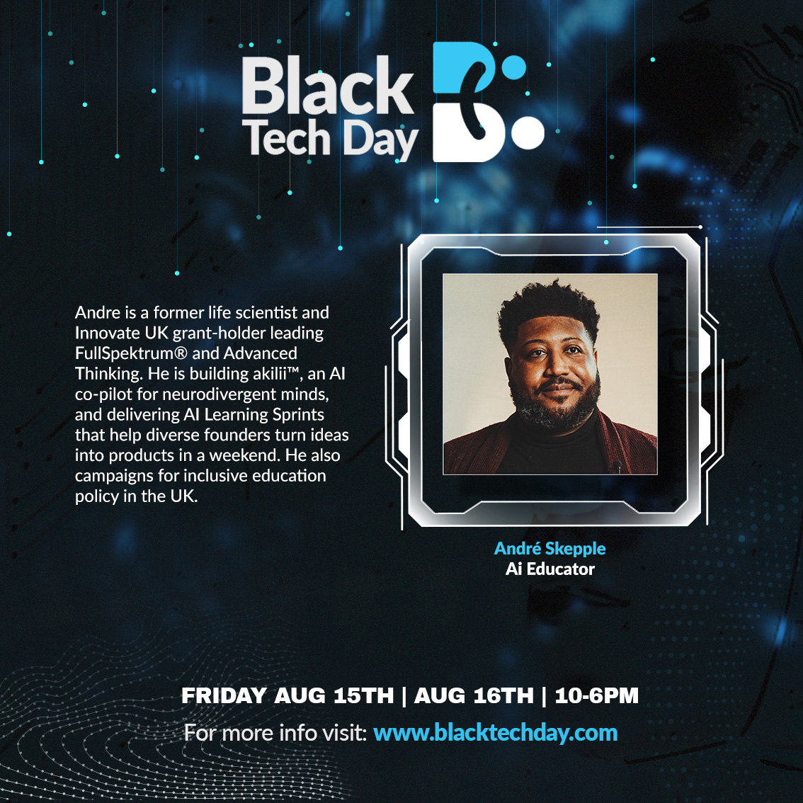 Black Tech Day (@blacktechday) on Twitter photo Meet André Skepple (<a href="/Skeppz/">André Skepple</a>) - the AI educator changing the game!
This man went from life scientist to building aKIII™ - an AI co-pilot specifically designed for neurodivergent minds. Plus, he's out here fighting for inclusive education policy. The range! 💪
Don't miss his Meet André Skepple (<a href="/Skeppz/">André Skepple</a>) - the AI educator changing the game!
This man went from life scientist to building aKIII™ - an AI co-pilot specifically designed for neurodivergent minds. Plus, he's out here fighting for inclusive education policy. The range! 💪
Don't miss his