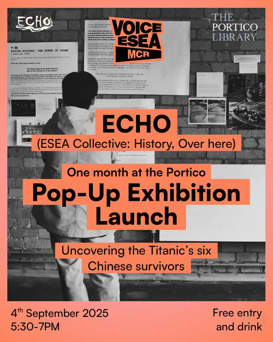 voiceesea (@voiceesea) on Twitter photo We’re so excited to announce that our annual history exhibition ECHO, this year uncovering the Titanic’s six Chinese survivors, will be on display at <a href="/ThePortico/">The Portico Library</a>’s pop-up space this September for ESEA Heritage Month! Our launch event is 4th Sep! Tickets: eventbrite.co.uk/e/echo-at-the-… We’re so excited to announce that our annual history exhibition ECHO, this year uncovering the Titanic’s six Chinese survivors, will be on display at <a href="/ThePortico/">The Portico Library</a>’s pop-up space this September for ESEA Heritage Month! Our launch event is 4th Sep! Tickets: eventbrite.co.uk/e/echo-at-the-…
