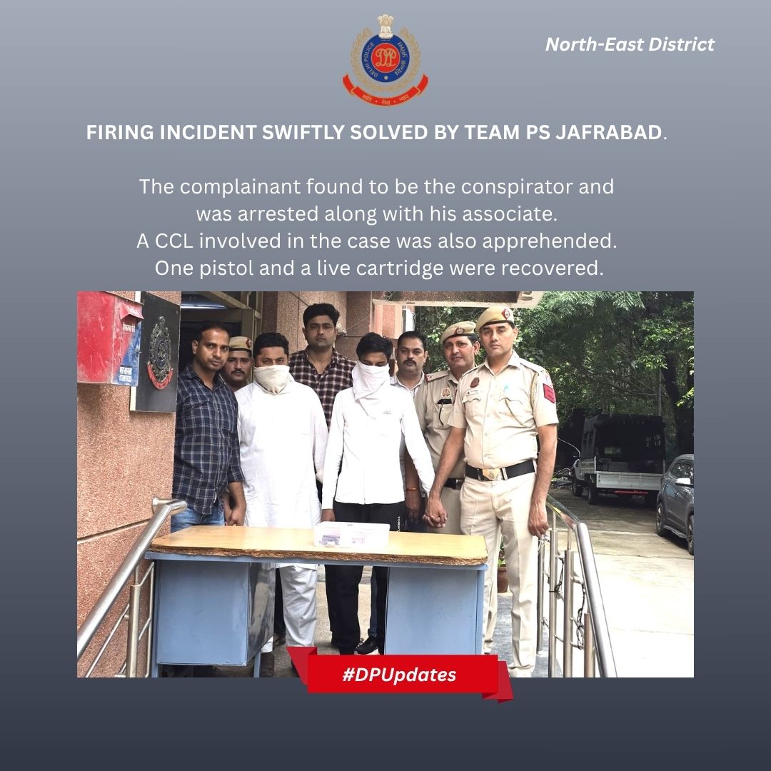 DCPNEastDelhi's tweet photo. Firing incident swiftly solved by team PS Jafrabad. 
The complainant was found to be the conspirator and was arrested along with his associate. 
A CCL involved in the case was also apprehended. 
One pistol and a live cartridge recovered.

#DPUpdates @LtGovDelhi @DelhiPolice https://t.co/tI23blk40U