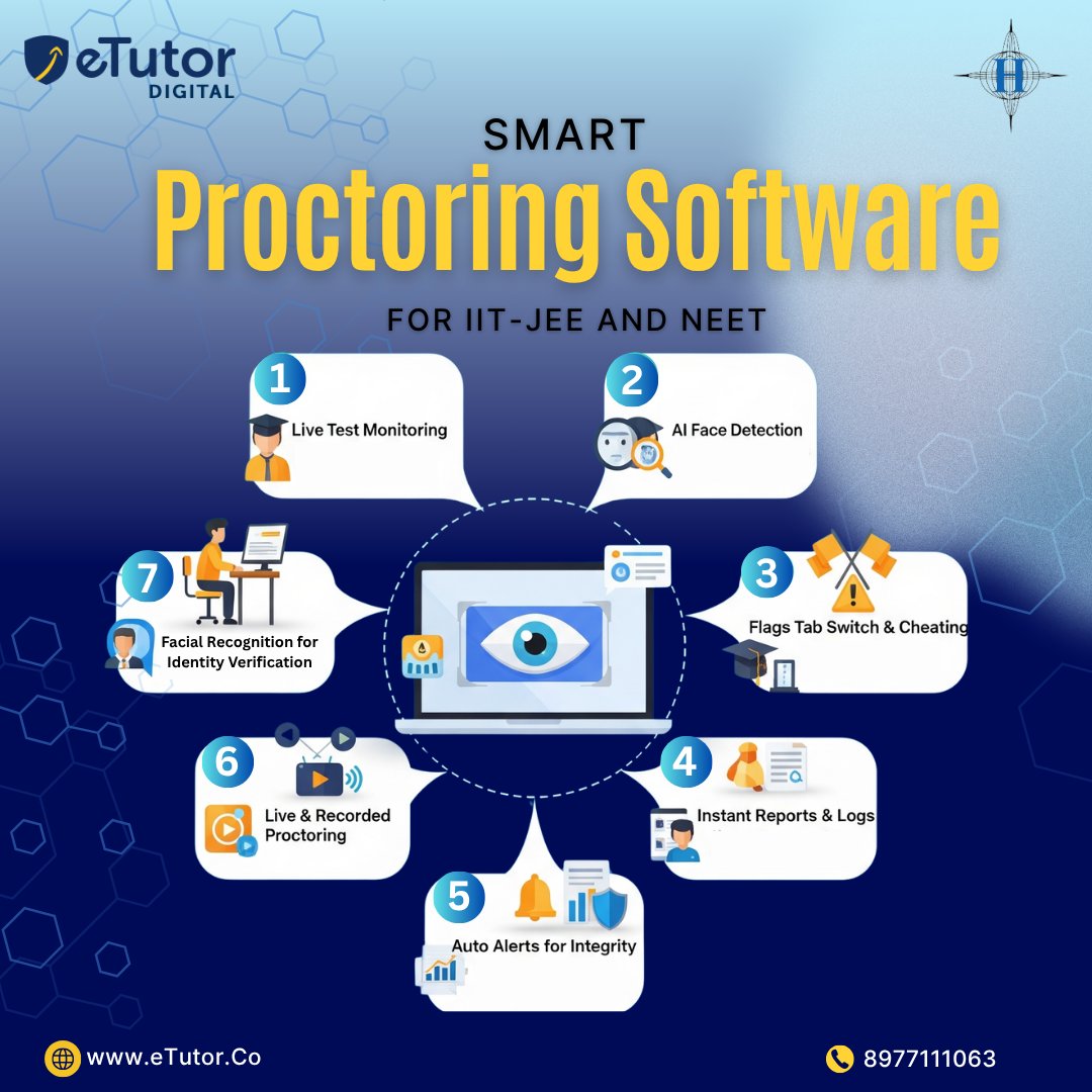 eTutorco's tweet image. Manual invigilation is out. eTutor’s Online Proctoring offers live monitoring, AI face detection, cheating alerts, recorded sessions, and instant integrity reports.

Visit: etutor.co/assessment-sof…

#ProctoringSoftware #AIProctoring #IITJEE #NEET  #ExamSecurity #OnlineInvigilation