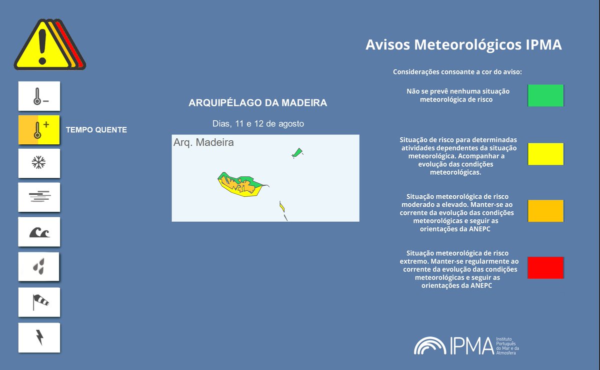 #AvisosMeteorológicos

❗️ Atenção aos Avisos Meteorológicos para Portugal Continental e Madeira

⚠ Conheça os avisos em vigor para hoje, dia 11 e para o dia 12 de agosto de 2025 👇

▶️ Avisos meteorológicos: tinyurl.com/mpw286fm

#InfoIPMA #tempo