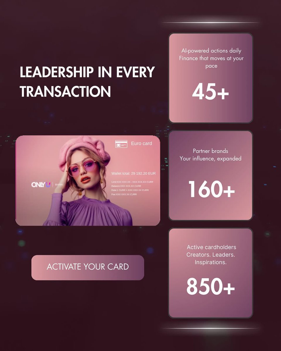 OnlyUBank's tweet photo. Not just a card — your statement of style, independence, and earning power.

 https://t.co/Jyx93JNwbn gives you:
• Design for your brand
• Global flexibility
• Revenue from followers’ transactions

Financial freedom, built around you.
Activate your card &amp; lead the way. https://t.co/FTDjLlvR4j