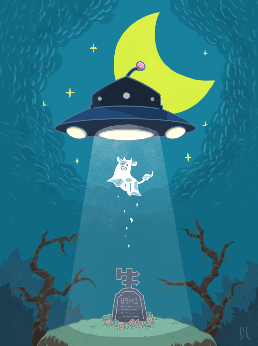 「キャトルミューティレーションされる牛の幽霊」の絵を描いていたら連休が終わりました。これが成果物です