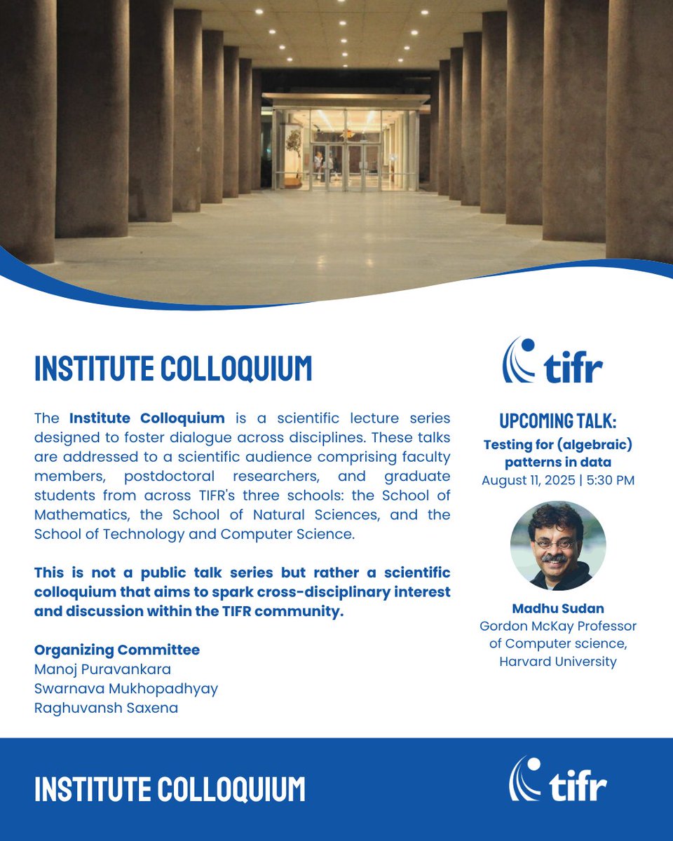 TIFRScience's tweet image. Announcing the Institute Colloquium, a new scientific lecture series to foster dialogue across disciplines within the TIFR academic community.

📍TIFR Mumbai

#InstituteColloquium #ScienceAtTIFR #AcademicLife #TIFRScience