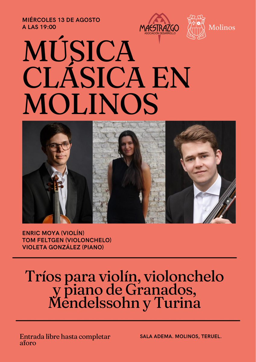 Actos culturales en la sede de ADEMA de #Molinos #Maestrazgo #Teruel <a href="/MaestrazgoEsdi/">ESDI_Maestrazgo</a> <a href="/ED_CAIRE/">Europe Direct Maestrazgo</a> 
MÚSICA CLÁSICA EN MOLINOS. Tríos para violín, violonchelo y piano de Granados, Mendelssohn y Turina.
⏰ MIÉRCOLES 13 DE AGOSTO A LAS 19:00h