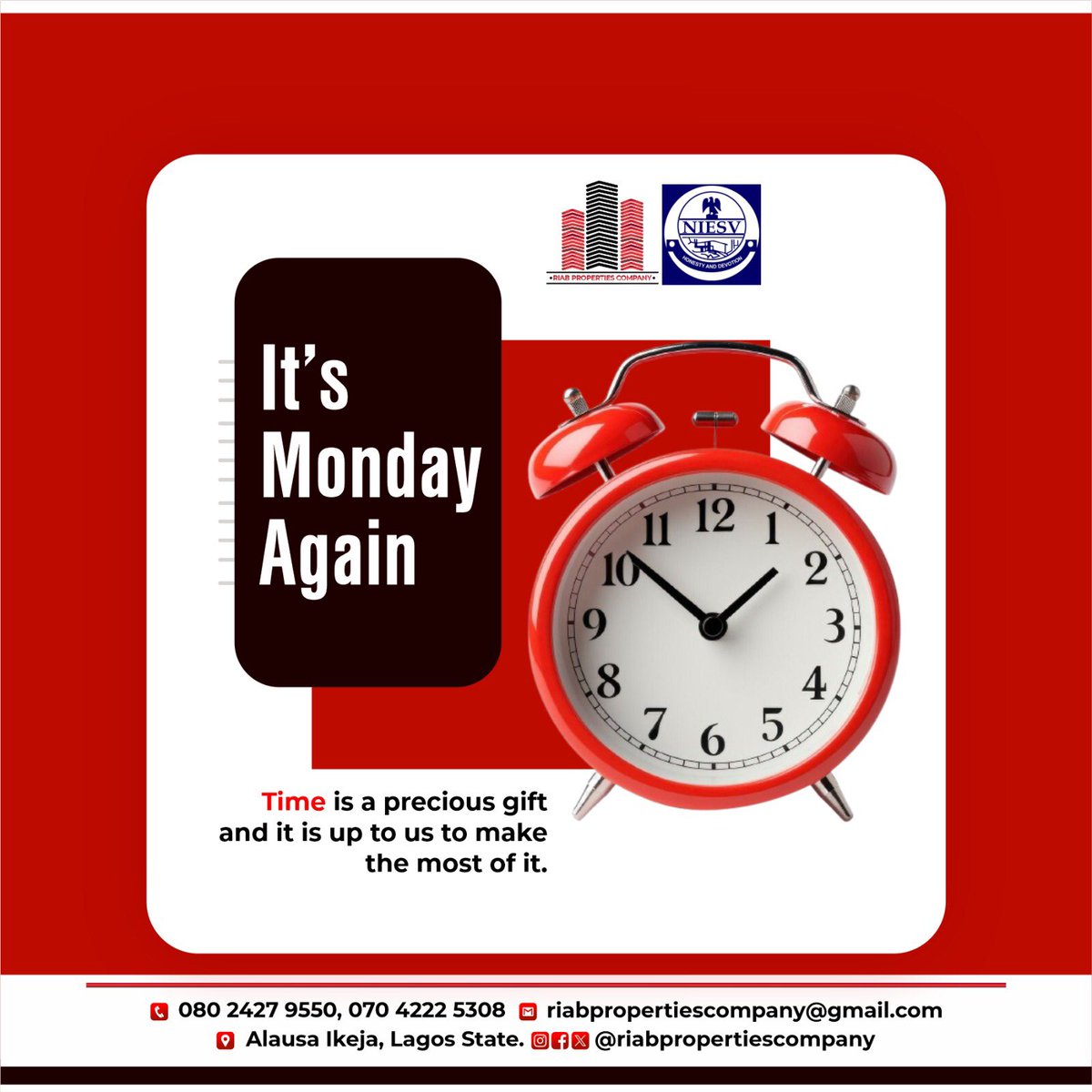 riab_properties's tweet photo. Rise and shine,  it’s Monday again!

Time is your most valuable gift, so spend it wisely and make this week count.

#MondayMotivation #NewWeekNewGoals #TimeIsPrecious #MakeItCount https://t.co/bNR0AKDWqf