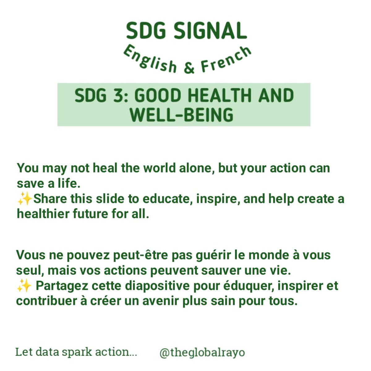 theglobalrayo's tweet photo. SDG Signal continues!
This edition focuses on SDG 3 β Good Health & Well-Being.
π Every slide in English & French π¬π§π«π·, because health advocacy should reach every voice.
#SDGSignal #SDG3 #GoodHealthAndWellBeing #GlobalGoals #BilingualAdvocacy #theglobalrayo https://t.co/v6yIVWmzdM