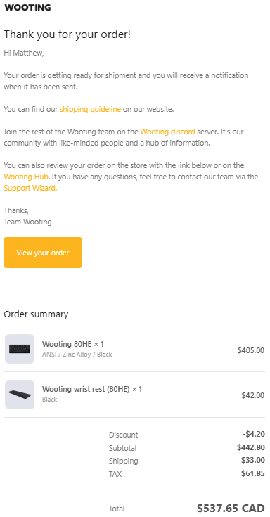 MisterChefx's tweet photo. Excited to get my new @WootingKB 80HE Zinc Alloy Keyboard! 

Shoutout to @LastFreeNation for putting me on to Wooting with their segment on the Four Horsemen podcast. @MonteCristo @Thorin https://t.co/CvHMOgH88p