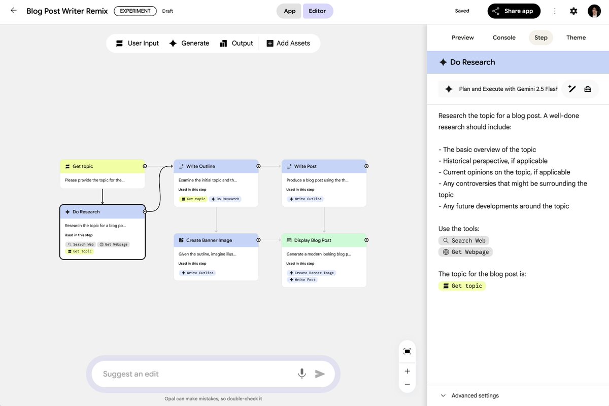 Google版Difyの「Opal」触ってみてるけど、めっちゃくちゃ使いやすい。

Difyを大企業の各部署の現場メンバーが使えるようになるイメージは全然湧かないけど、Opalは余裕でそうした層も使えそう。