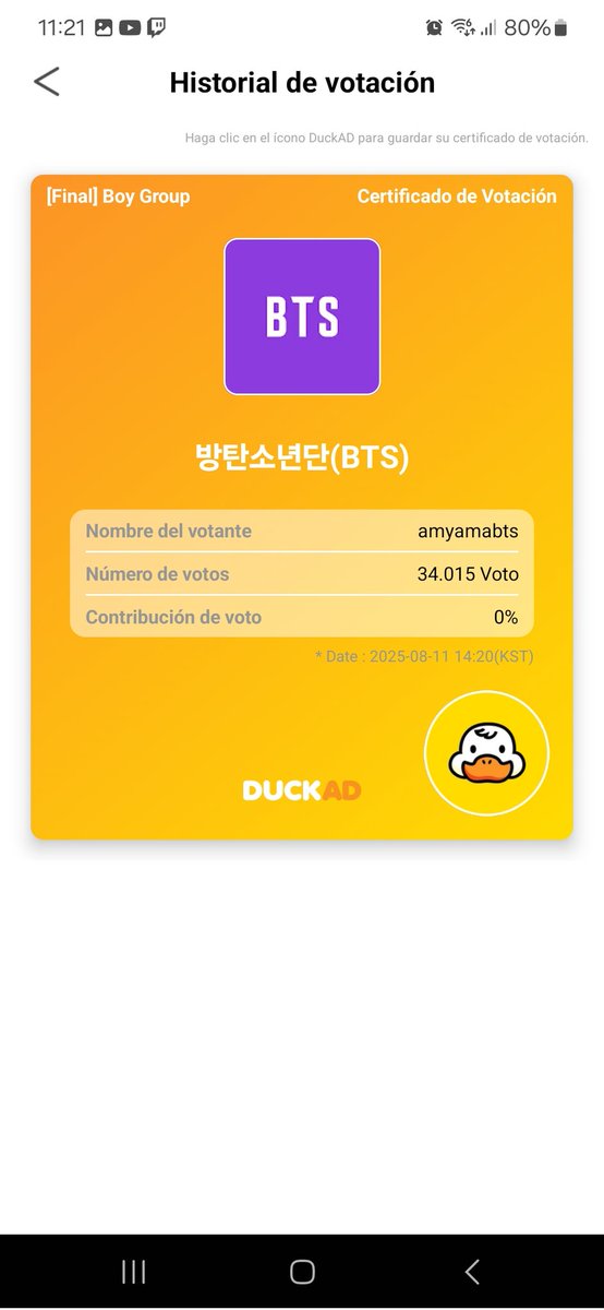 Sweetdifm's tweet photo. Sigan votando army hasta el final!!!! #votearmy
#voteforbtsonduckad https://t.co/OAMd2DyYQV