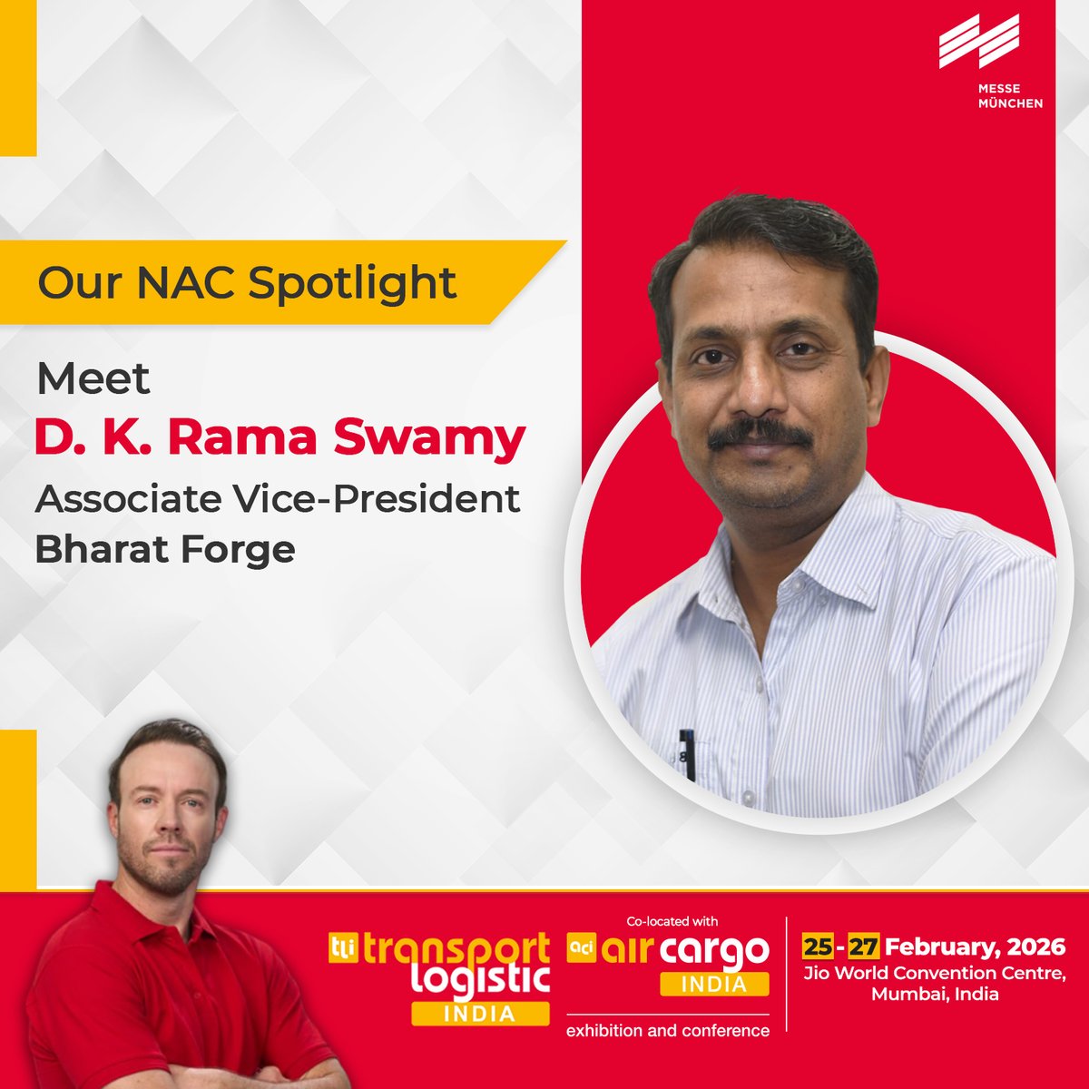 We are delighted to welcome Mr. Rama swamy Associate Vice President at Bharat Forge Ltd, to transport logistic India 2026.  

#logisticsleaders #cargoconnectivity #futureoffreight #supplychainsolutions #transportlogistics #messemuenchen #leadingexhibition #futureoffreight