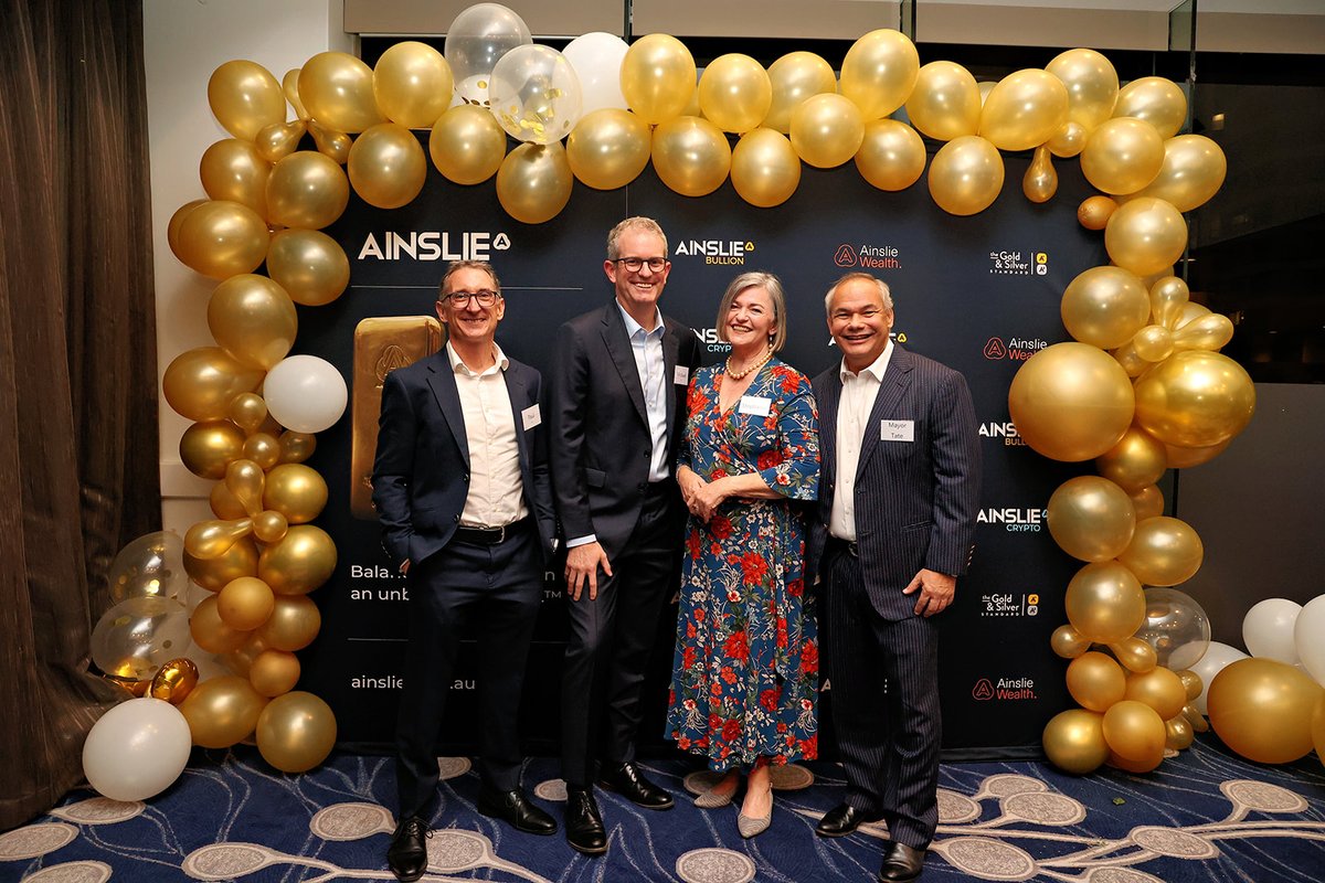 pmengeman's tweet photo. A wonderful night launching @AinslieBullion 's latest office in Australia's fastest growing city, Gold Coast.  Guest of honour Mayor Tom Tate drawing the connection of the need for all to diversify our wealth with precious metals and crypto, as with his efforts for the GC economy https://t.co/lxjJaCu0XS