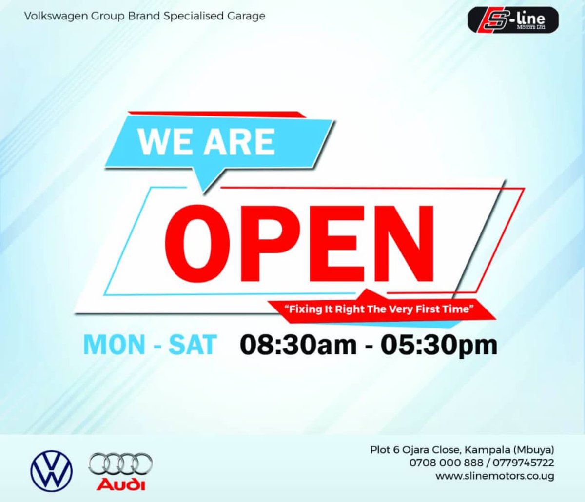 East Africa’s finest Volkswagen &amp; Audi garage is OPEN! 

Send in your bookings, parts orders, and inquiries now.

📍 Plot 6, Ojara Close, Lower Mbuya Kla
📞 0779 745 722 | 0708 000 888 | 0782 000 234
#SLineMotors #VWService #AudiCare #KampalaGarage #PartsAndRepairs #EastAfricaAut