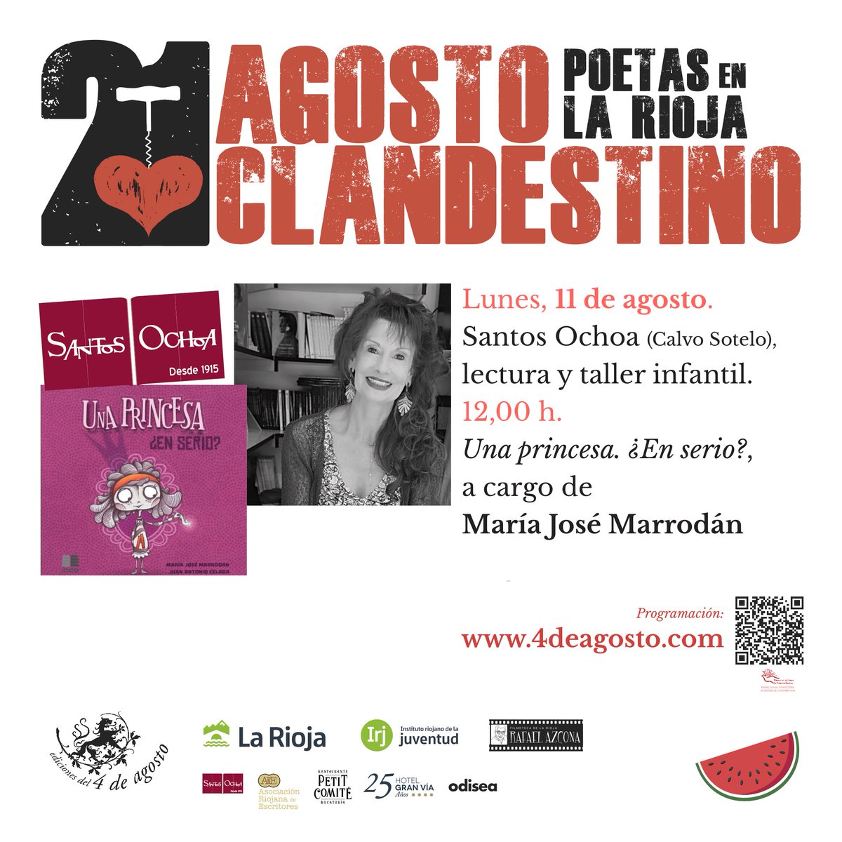 Agosto Clandestino. Poetas en La Rioja (@4deagosto1) on Twitter photo Nos vemos en un rato: Lunes, 11 de agosto de 2025
<a href="/SantosOchoaLog/">Santos Ochoa Logroño</a> (Calvo Sotelo). 12:00 h.
Lectura y taller infantil: «Una princesa. ¿En serio?», a cargo de María José Marrodán
eds4deagosto.blogspot.com/2025/08/#94720…
<a href="/ElBalcondeMateo/">El Balcón de Mateo</a> <a href="/MariaMarrodan/">Maria Marrodan Giron</a> <a href="/areinforma/">ARE</a> Nos vemos en un rato: Lunes, 11 de agosto de 2025
<a href="/SantosOchoaLog/">Santos Ochoa Logroño</a> (Calvo Sotelo). 12:00 h.
Lectura y taller infantil: «Una princesa. ¿En serio?», a cargo de María José Marrodán
eds4deagosto.blogspot.com/2025/08/#94720…
<a href="/ElBalcondeMateo/">El Balcón de Mateo</a> <a href="/MariaMarrodan/">Maria Marrodan Giron</a> <a href="/areinforma/">ARE</a>