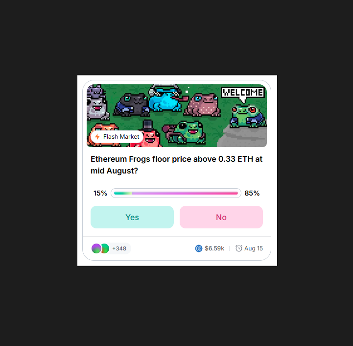 0xBilgute's tweet photo. 📊 Ethereum Frogs Prediction Market – Aug 11 Update

Yesterday →
✅ YES: 19% | ❌ NO: 81%
💰 Market Size: $6k
🪙 Floor: OKX 0.21 / Element 0.21
📦 Listings: OKX 3 / Element 18
📈 Sales: 9 in 24h

Today →
✅ YES: 15% | ❌ NO: 85%
💰 Market Size: $6.59k
🪙 Floor: OKX 0.195 / Element 0.195
📦 Listings: OKX 3 / Element 20
📈 Sales: 0 in 24h

Only 4 days left until resolution.

For “YES” to win → ~23 Efrogs (≈ 6.2 ETH) sweep is needed to push the floor above 0.33 ETH.
Even if odds are low, post-Linea TGE snapshot positioning shows the Efrogs community isn’t going anywhere. 🐸
Low listings + stable floor = strong support.
→ Linea’s 1% allocation to builders & communities is confirmed. Pond family photo not taken yet. 📷

Meanwhile, $CROAK is popping on Etherex:
→7D Vol: $500k+
→LP/MCAP: ~20% (640k / 2.3m) → top-tier ratio on Linea
→Epoch 0: 100k $REX emission to CROAK LP
Diamond hands are loaded with confidence.
Stay with xREX, vote CROAK, and keep the emissions flowing.

This epoch, there is over $26k value reward for voters.
4rd biggest pool reward, attracting many voters.
NEXT EPOCH there is 42m $REX emission, and we should get big pie from this.

This is our community power.. UNMATCHED.

The chain is @LineaBuild.
The DEX is @etherexfi.
The market is @MyriadMarkets.
The NFT is @efrogs_on_linea.
The ticker is @CROAK_on_linea.