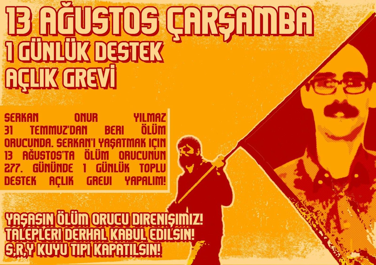 86tayadli's tweet photo. Serkan Onur YILMAZ 
Direnişi bir adım daha ileri götürerek direnişi 31 Temmuzda 
Ölüm orucuna çevirdi
Ölüm orucu netliktir
Ölüm orucu kararlılıktır taleplerde
 13 Ağustos'ta
 Serkan Onur YILMAZ'IN 
direnişine omuz veriyoruz
 bir günlük açlık greviyle
Yaşasın ölüm orucu direnişi https://t.co/xFHB3IJeOW