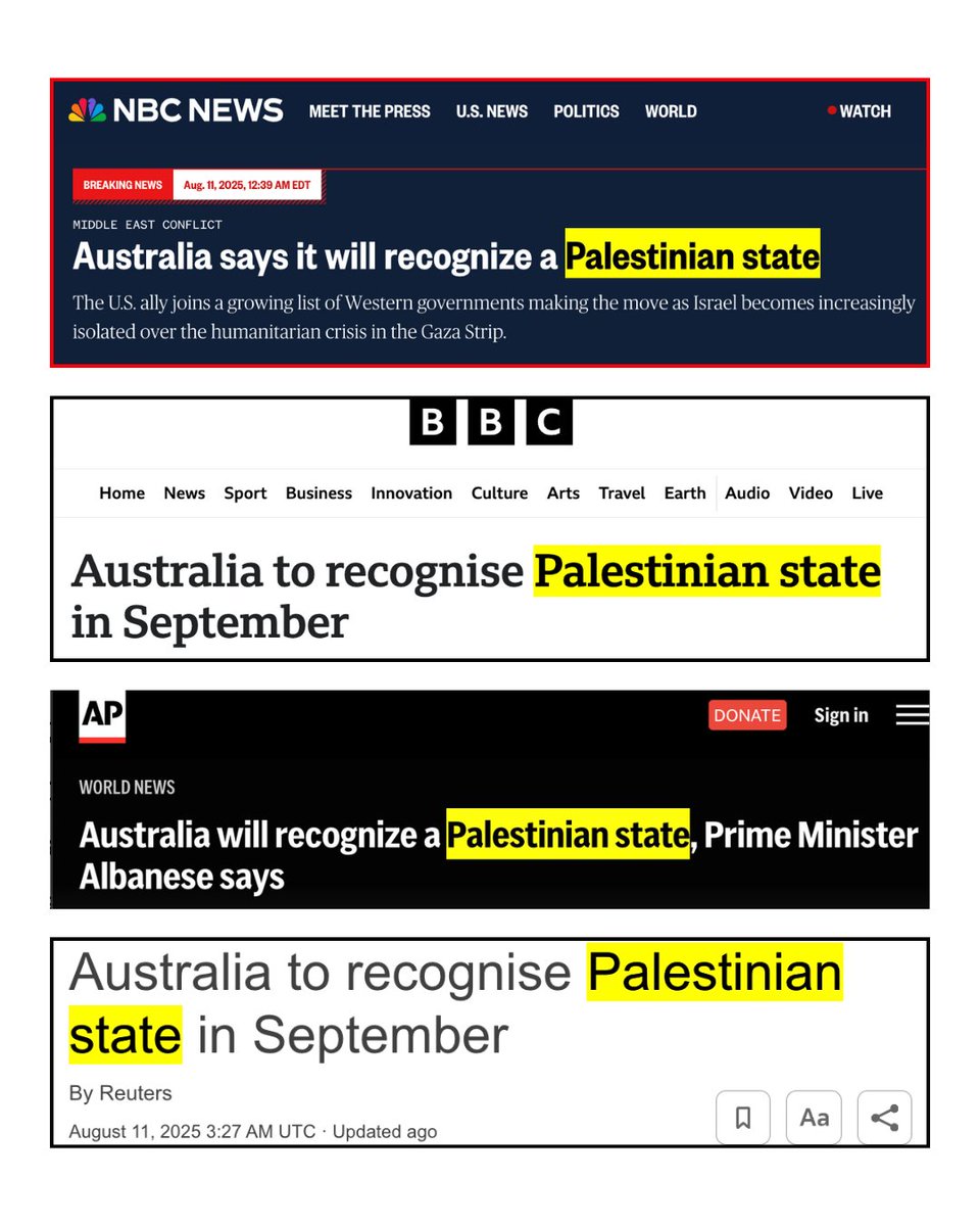 HandalaFreedom's tweet photo. The mainstream media was instructed to avoid using the word "Palestine." 

Why? 

Because naming "Palestine" legitimizes its existence--an existence Israel wants to erase. 

So they say "Australia will recognize the Palestinian state." https://t.co/sbjytkqvcp