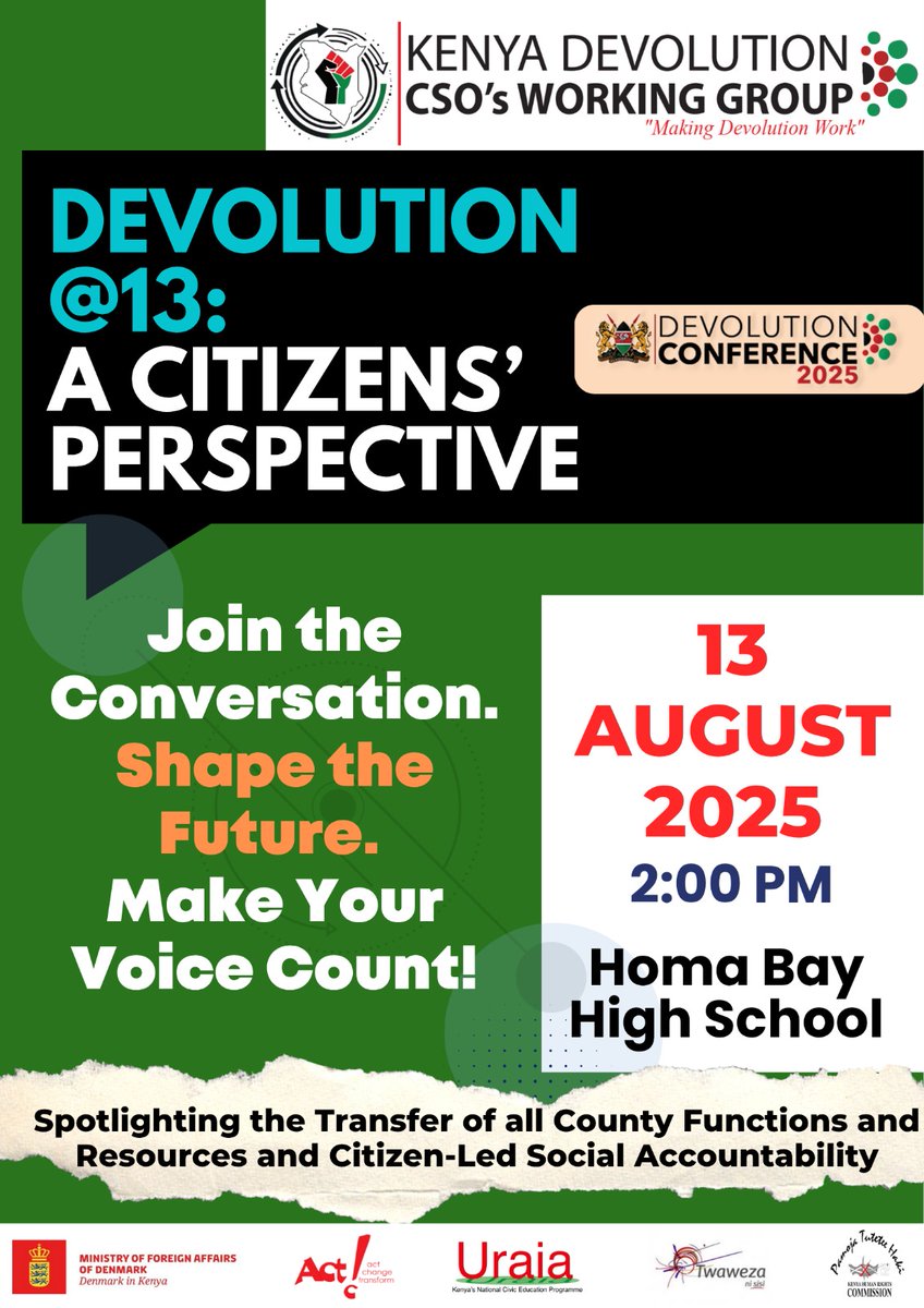 UraiaTrust's tweet photo. 📢 Devolution @13 – A Citizens’ Perspective
🗓 13 Aug 2025 | 🕑 2PM | 📍 Homa Bay High
Your voice can shape the future of #Devolution! 🗣
Join the conversation on county functions, resources & citizen accountability.
#DevolutionAt13 #HomaBay #CitizenVoices https://t.co/n27bGnZGCH