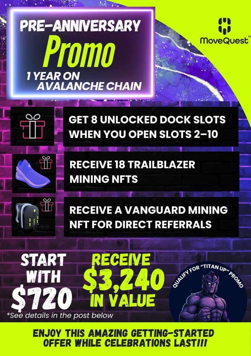 MoveQuestMQT's tweet image. 🔥 In Case You Missed It…

 MoveQuest is in Pre-Anniversary Celebration Mode!!!

Enjoy MASSIVE Value while celebrations last!!   

NEW &amp;amp; EXISTING members can claim:

✅ 8 unlocked dock slots, when you open slots 2–10

✅ 18 Trailblazer Mining NFTs

🎁 PLUS — The person who…