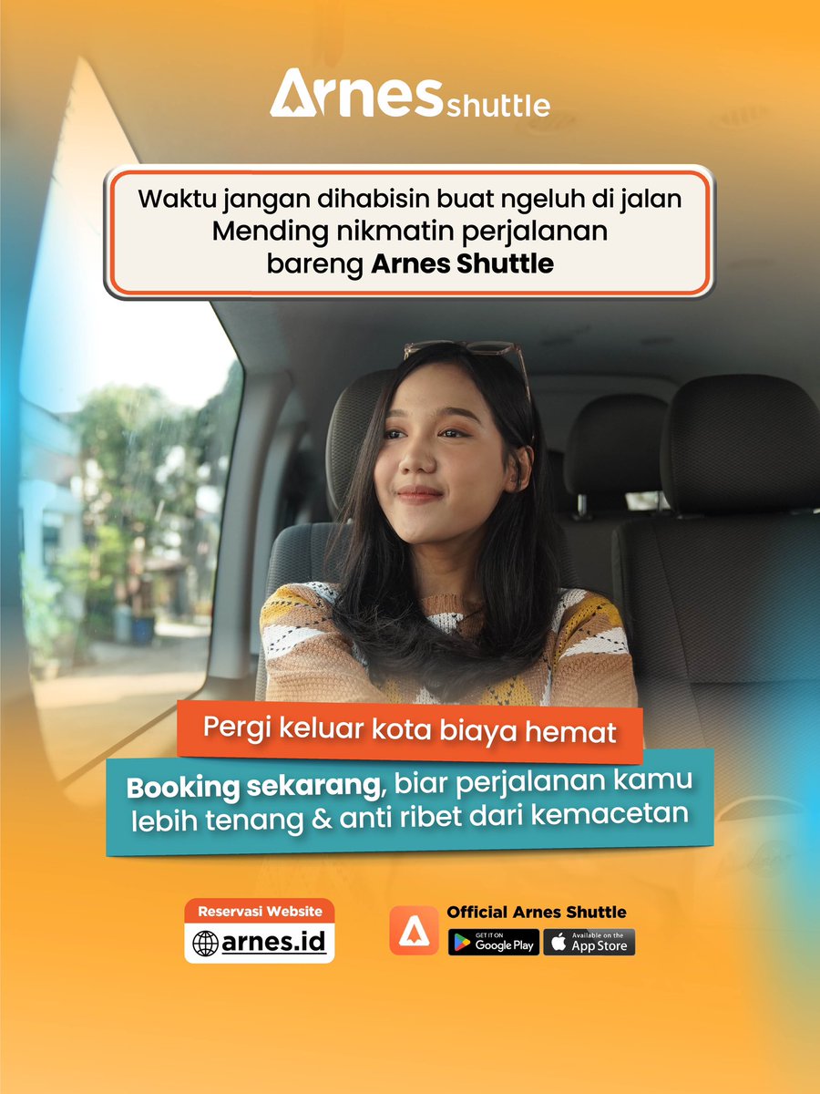 ArnesShuttle's tweet photo. Kota termacet di Indonesia tuh gak main-main — panasnya udah kayak oven, macetnya bikin lupa tujuan, belum lagi bensin yang makin bikin dompet menjerit 

Daripada kamu stress sendiri di belakang kemudi, mending pilih cara yang lebih santuy bareng Arnes Shuttle! https://t.co/PXq5xaYIwG