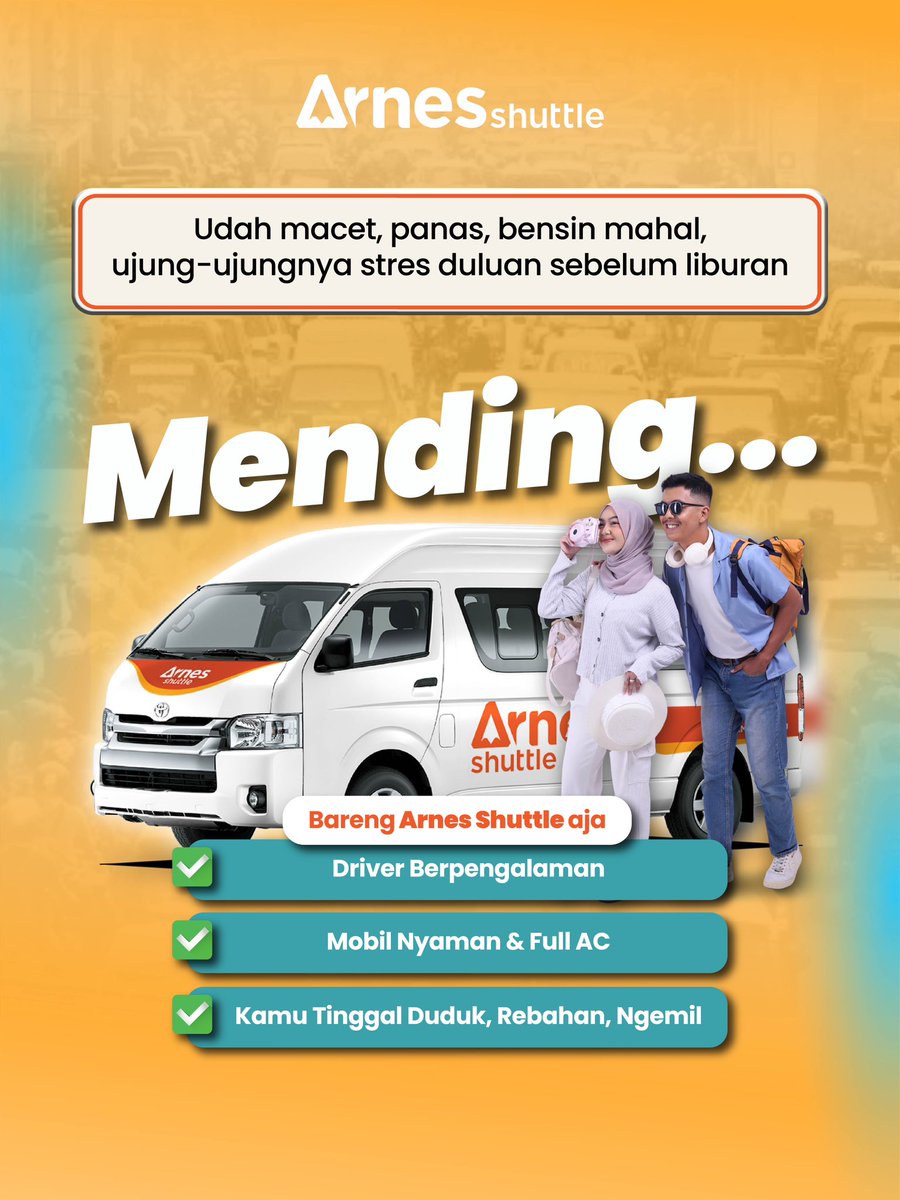 ArnesShuttle's tweet photo. Kota termacet di Indonesia tuh gak main-main — panasnya udah kayak oven, macetnya bikin lupa tujuan, belum lagi bensin yang makin bikin dompet menjerit 

Daripada kamu stress sendiri di belakang kemudi, mending pilih cara yang lebih santuy bareng Arnes Shuttle! https://t.co/PXq5xaYIwG