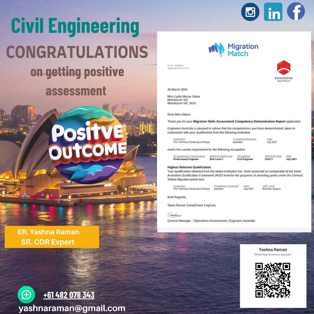 RamanYashna's tweet photo. Congratulations 
Another Civil Engineer has achieved a positive outcome in their Migration Skills Assessment with Engineers Australia!
Your dedication, hard work, and detailed CDR have paid off now it’s time to take the next step toward your dream.
 WhatsApp: +61 482 078 343 https://t.co/MJMDNd368R