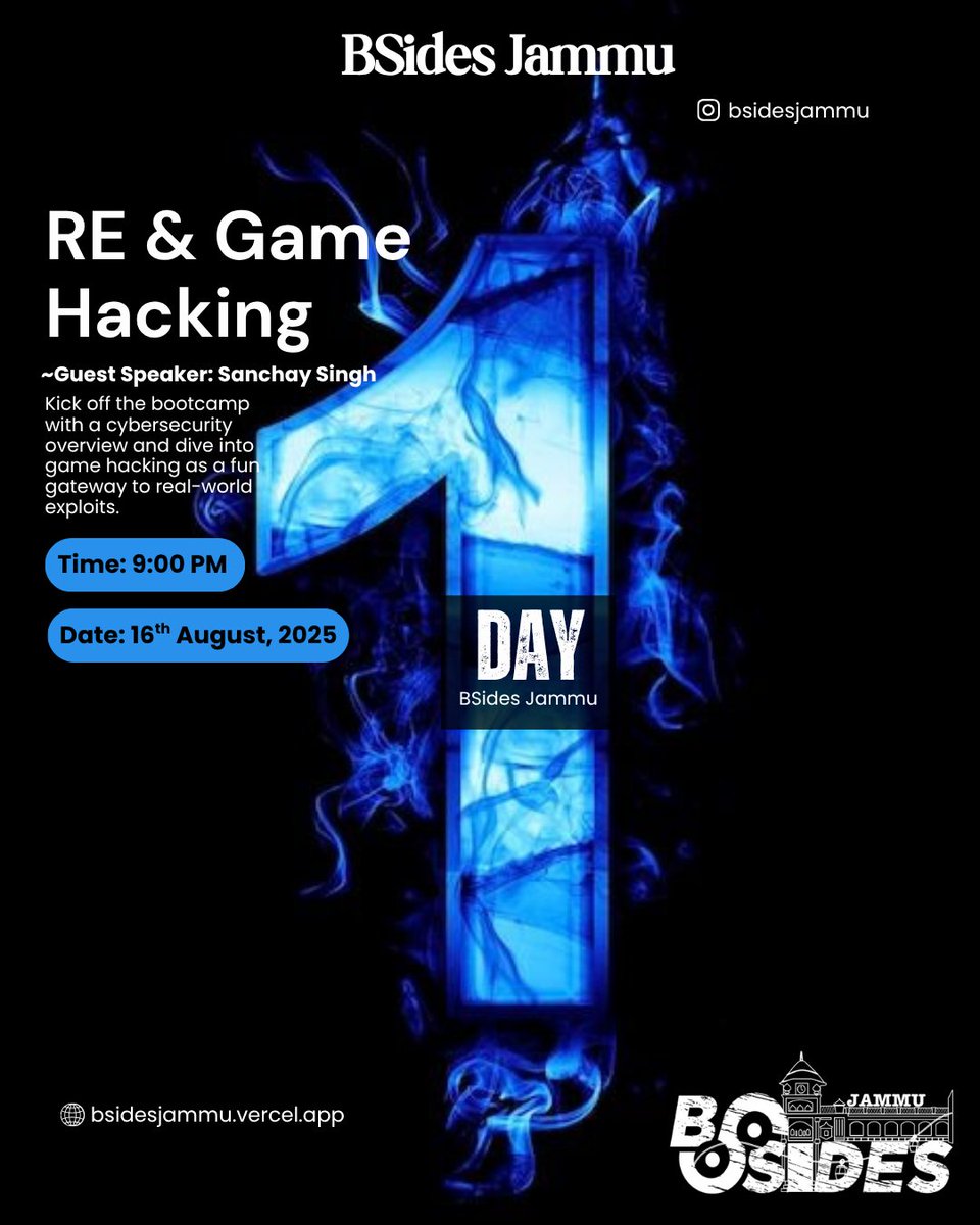BSidesJammu's tweet photo. 📅 4 Days. 4 Experts. 1 Goal - Make You Cyber Ready! Here’s your complete schedule for the BSides Jammu Cybersecurity Bootcamp. 

Speakers:
Day1: @OfficialSanchay
Day2: @KhairaPralin
Day3: @Trijal_Hacking
Day4: @berzelion 

📷 Which day are you most excited for? Comment below! https://t.co/5N7DrgvZw6