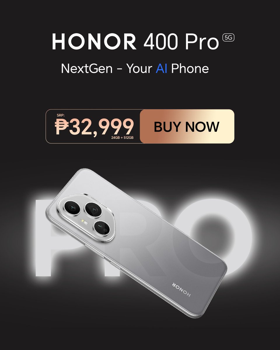Not just a phone — an AI powerhouse. ✨

The #HONOR400Pro5G learns, adapts, and delivers beyond expectations — now available nationwide for only ₱32,999!

Get yours now:
🌐 WEBSITE: bit.ly/Web_H400Pro_X
🛒 SHOPEE: bit.ly/Shop_H400Pro_X
🛒 TIKTOK: bit.ly/TikTok_H400Pro…
🛒