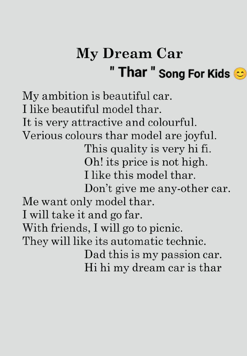 SUSHILSIRSATH2's tweet photo. @anandmahindra @MahindraUni I Created Song on Thar car Model.
This song for kids https://t.co/6OqAxgOppg
