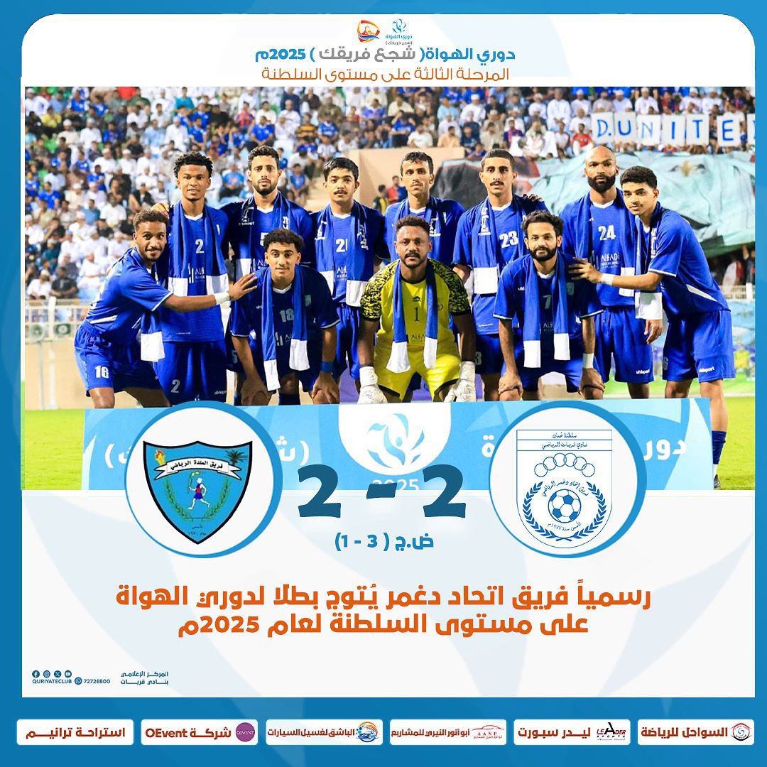 في ليلة الذهب🏆🥇 طوفان الموج الأزرق يكسر العقدة ويبقي كأس #شجع_فريقك في محافظة مسقط هذه المرة
نبارك لانفسنا ولإدارة فريق اتحاد دغمر والجهازين الفني والاداري وللاعبين الأبطال وللجماهير القرياتية الوفية ولكل من دعم ووقف مع الفريق للحصول على هذا اللقلب الذي طال إنتظاره
<a href="/DUNITEDST/">فريق اتحاد دغمر الرياضي</a>