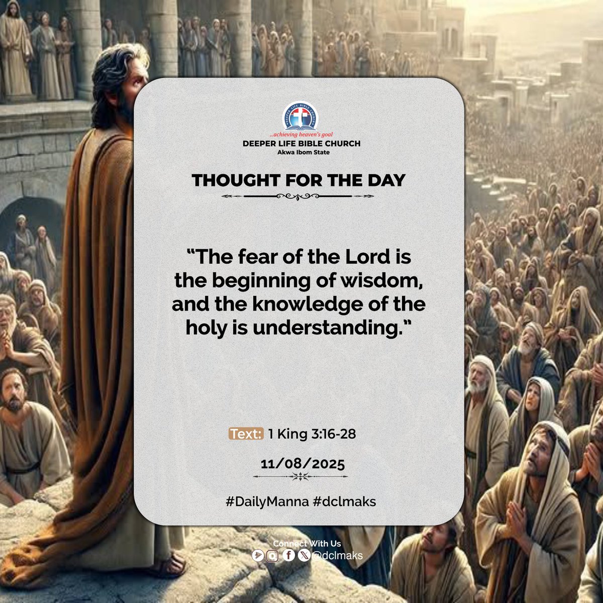 Wisdom is essential in every area of life. The wisdom given to Solomon by God enabled him to lead Israel effectively.

As believers, the Bible encourages us today to seek wisdom from God who gives generously.

#DailyManna
#dclmaks