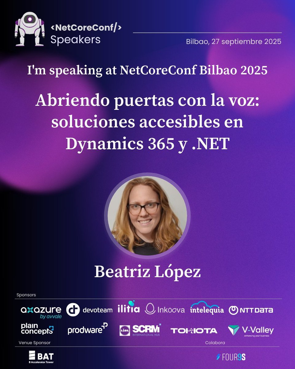 ¡Entradas abiertas! 🎟️ Beatriz López te muestra cómo manejar Dynamics 365 solo con la voz usando .NET y Azure Speech Services. Tecnología que se adapta a ti, no al revés.
#Dynamics365 #Accesibilidad #Azure #TechForAll