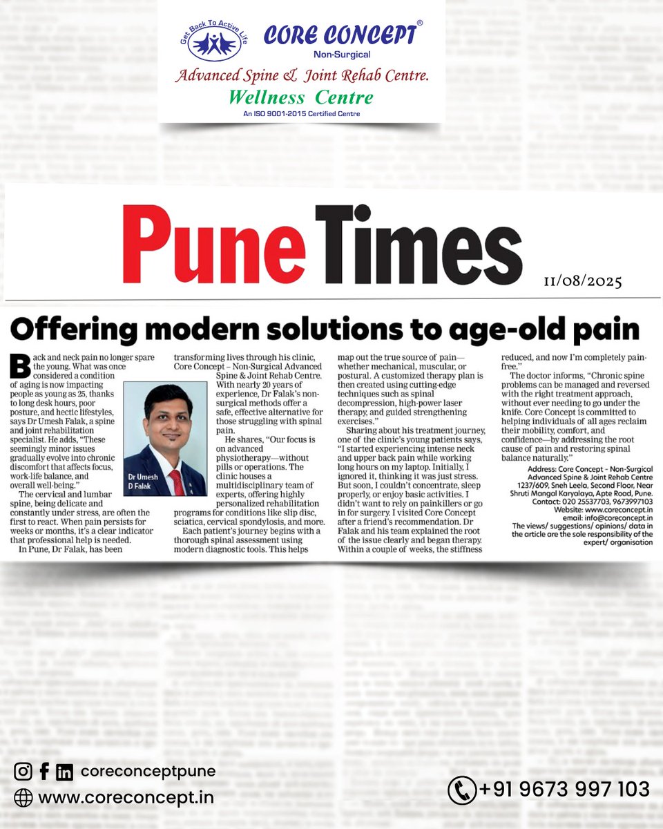 coreconceptpune's tweet image. Expert Insights: Dr. Umesh Falak on Modern Solutions for Age-Old Pain🥲

#oldage #oldageproblems #nonsurgicaltreatments #punetimes #wellnessretreat #painfree #nonsurgical #physiotherapy #physio #news #newsupdate #pune #punecity