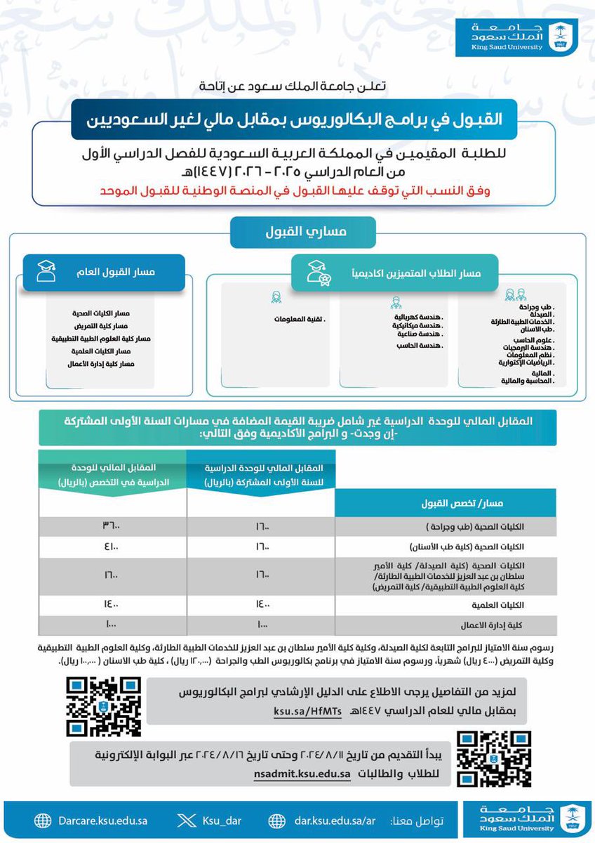 يسر عمادة شؤون القبول والتسجيل أن تعلن عن الجدول الزمني لبوابة القبول الإلكتروني لبرنامج البكالوريوس بمقابل مالي للطلبة غير السعوديين المقيمين في المملكة للفصل الدراسي الأول للعام الدراسي 2025-2026م  (١٤٤٧ هـ) وفق النسب التي توقف عليها القبول في منصة قبول، من خلال الرابط