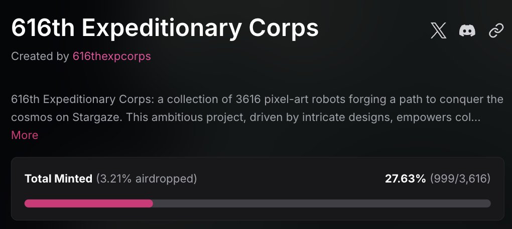 616th Expeditionary Corps (@616expcorps) on Twitter photo GM⚙️One more robot, and we’ll hit 1000 NFTs! Great job, more to come!
Mint:stargaze.zone/l/616thxpediti…
<a href="/StargazeZone/">Stargaze ✨🔭</a> GM⚙️One more robot, and we’ll hit 1000 NFTs! Great job, more to come!
Mint:stargaze.zone/l/616thxpediti…
<a href="/StargazeZone/">Stargaze ✨🔭</a>