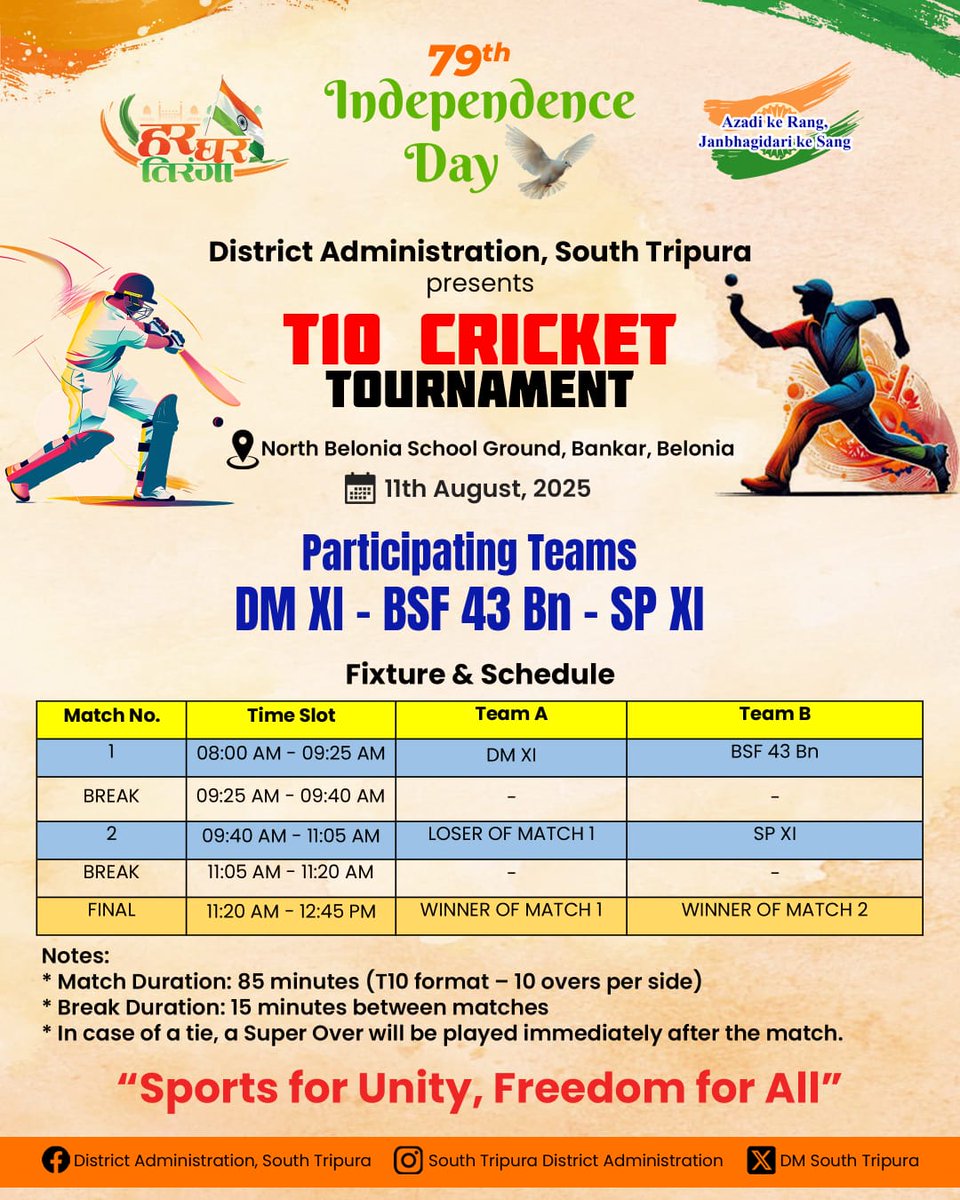 southtripuraDM's tweet image. 🇮🇳🏏 United in Freedom, Celebrating with Cricket!
This 79th Independence Day, DM XI, BSF 43 Bn &amp;amp; SP XI battle it out in the T10 Tournament at Belonia Vidyapith Mini Stadium on 11th Aug 2025.
💚🤍🧡 Let’s celebrate unity on and off the field!
#SportsForUnity #FreedomForAll