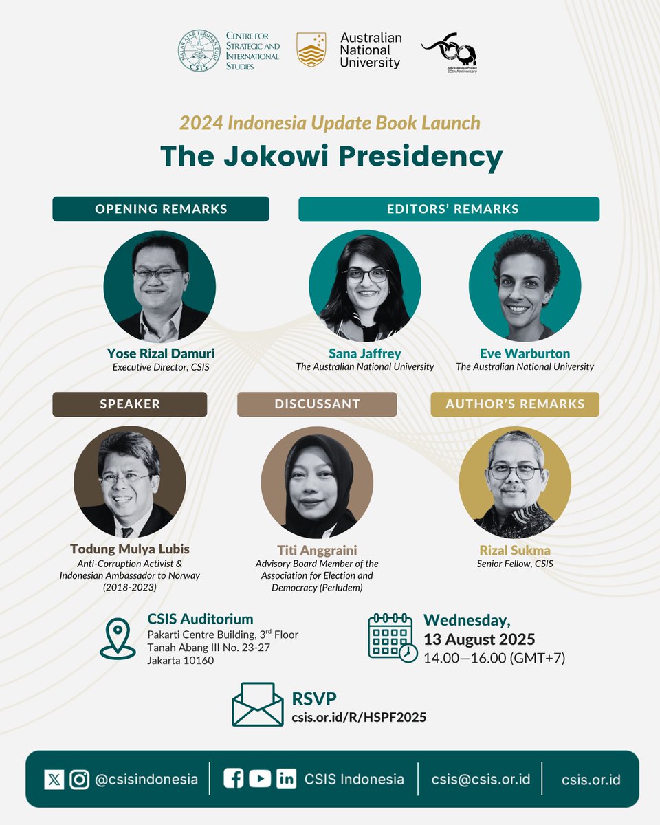 CSIS Indonesia invites you to a 2024 Indonesia Update Book Launch, titled “The Jokowi Presidency"

📅: Wednesday, 13 August 2025
⏰: 13.30 – 16.00 (GMT+7)
📍: CSIS Auditorium, Pakarti Centre Building, 3rd Floor, Tanah Abang III, No. 23 - 27, Jakarta, 10160

Please confirm your