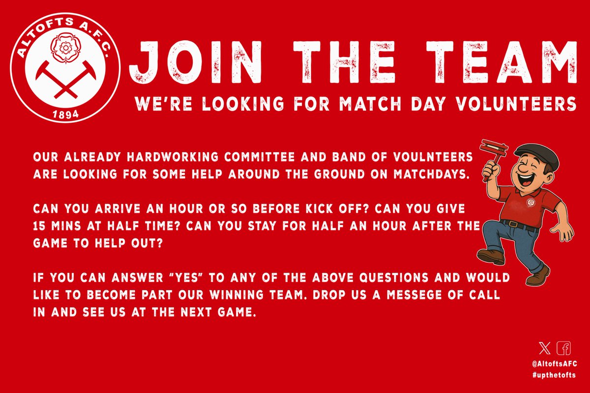 Join The Team!

We are looking for people to help us on match days. 

PM us for more details. 

⚽️🔴⚫️
#upthetofts