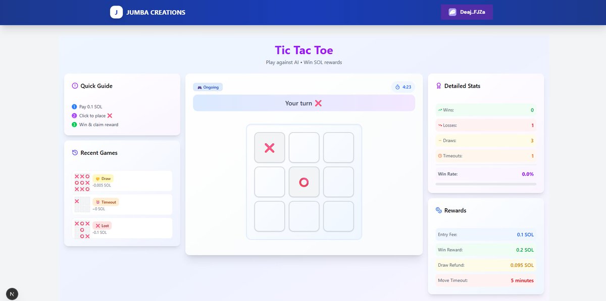 0xjumba's tweet photo. Wrapping up the last round of testing before we go live on devnet 👀

Here’s a little sneak peek of the TIC-TAC-TOE game with a Solana twist ⚡

Can’t wait for you all to try it! https://t.co/pN9rWhwZBo