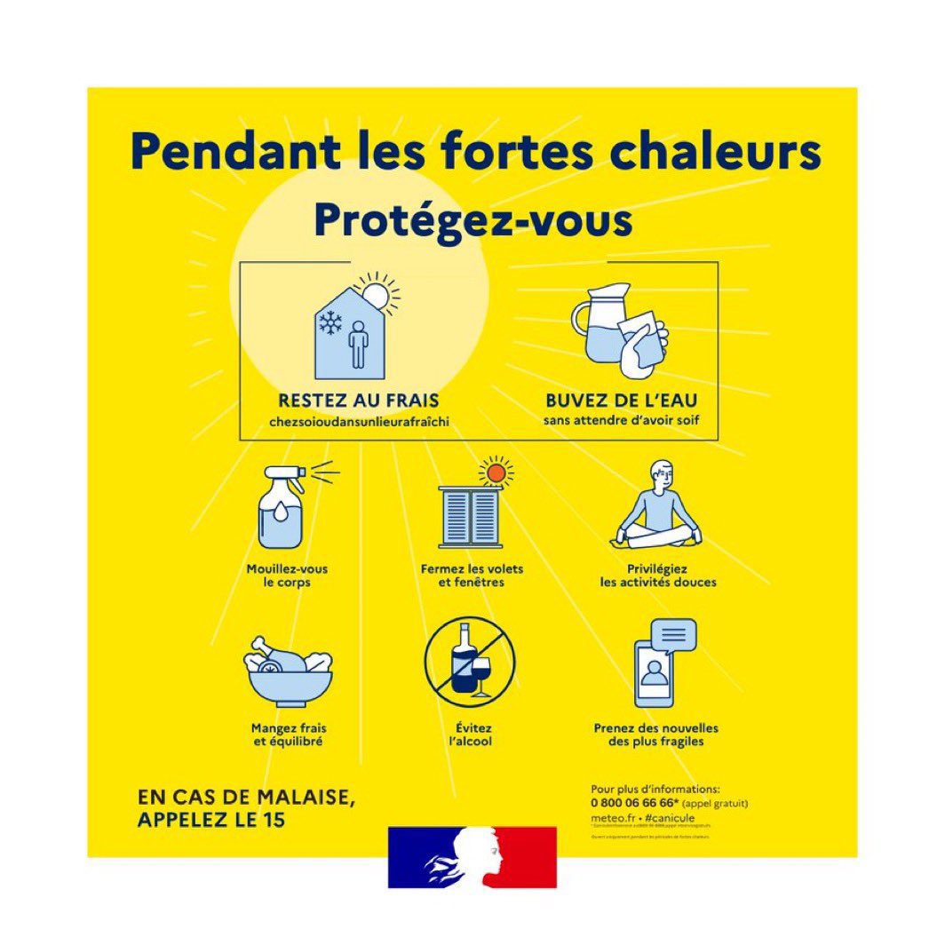 Préfecture de la région Hauts-de-France et du Nord (@prefet59) on Twitter photo ⚠️ ☀️ #FortesChaleurs 
Le département du Nord est concerné ces prochains jours par un épisode de fortes chaleurs avec des températures qui pourront être de l’ordre de 30 à 35 °C.
Adoptez les bons réflexes pour vous protéger et protéger les autres :
🚰 Buvez régulièrement de ⚠️ ☀️ #FortesChaleurs 
Le département du Nord est concerné ces prochains jours par un épisode de fortes chaleurs avec des températures qui pourront être de l’ordre de 30 à 35 °C.
Adoptez les bons réflexes pour vous protéger et protéger les autres :
🚰 Buvez régulièrement de