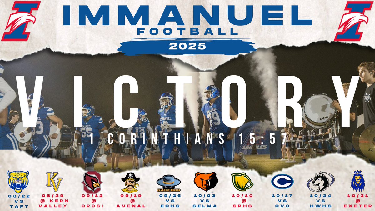 Attention Immanuel Eagles football fans!!  We are proud to release our 2025 football schedule!  These young men are fired up and ready for the upcoming season!  (JV games: 5pm; Varsity: 7:30pm)  #ToGodbetheglory #Lightinthevalley