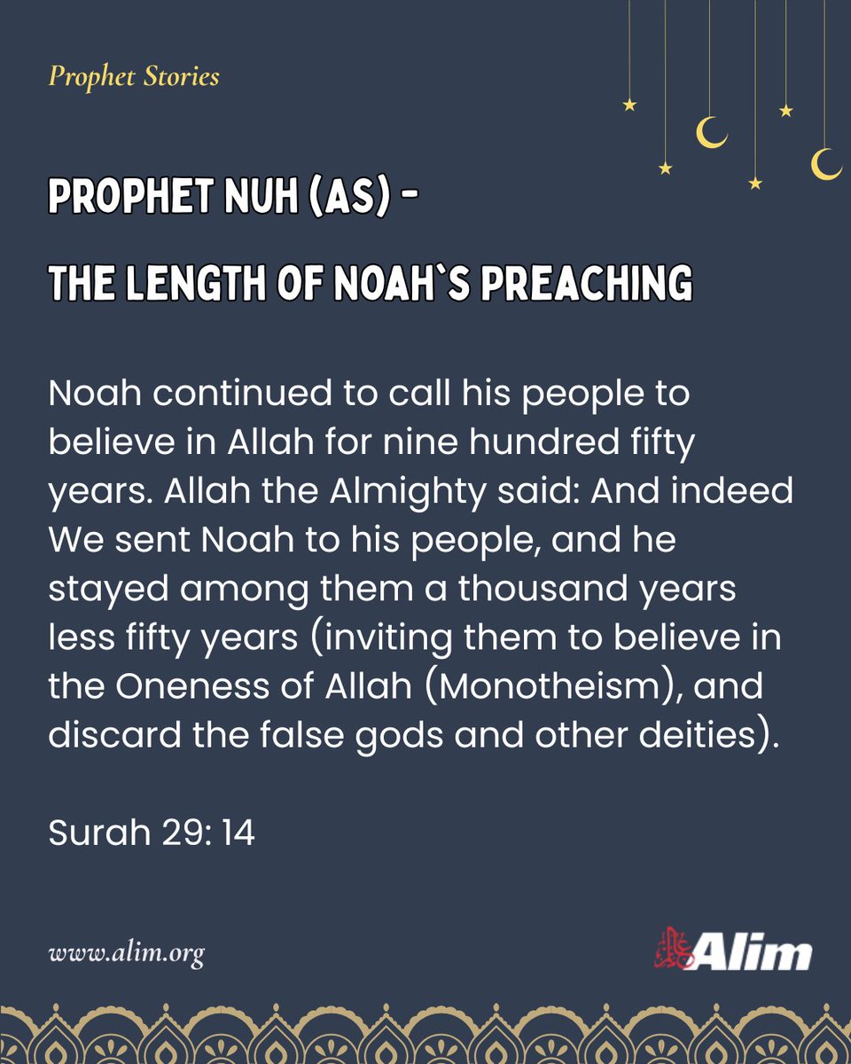 alim_inc's tweet image. Prophet Nuh (AS) – 950 Years of Patience &amp;amp; Perseverance
“And indeed We sent Noah to his people, and he stayed among them a thousand years less fifty…”
— Surah Al-Ankabut 29:14
alim.org/history/prophe…
alim.org/mobile-app/
#ProphetStories #NuhAS #QuranVerses #IslamicReminder