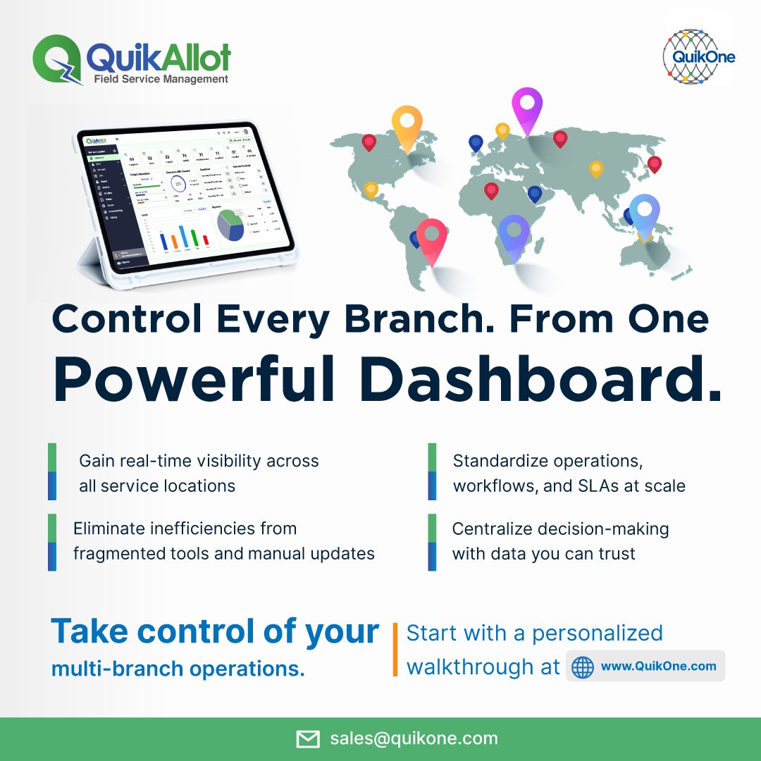 quikonesolution's tweet image. Manage all your service locations from one powerful dashboard — gain real-time visibility, eliminate inefficiencies, and make data-driven decisions with ease.  
👉Book your personalized walkthrough today! quikone.com/demo/  
#FieldServiceManagement #MultiBranchManagement