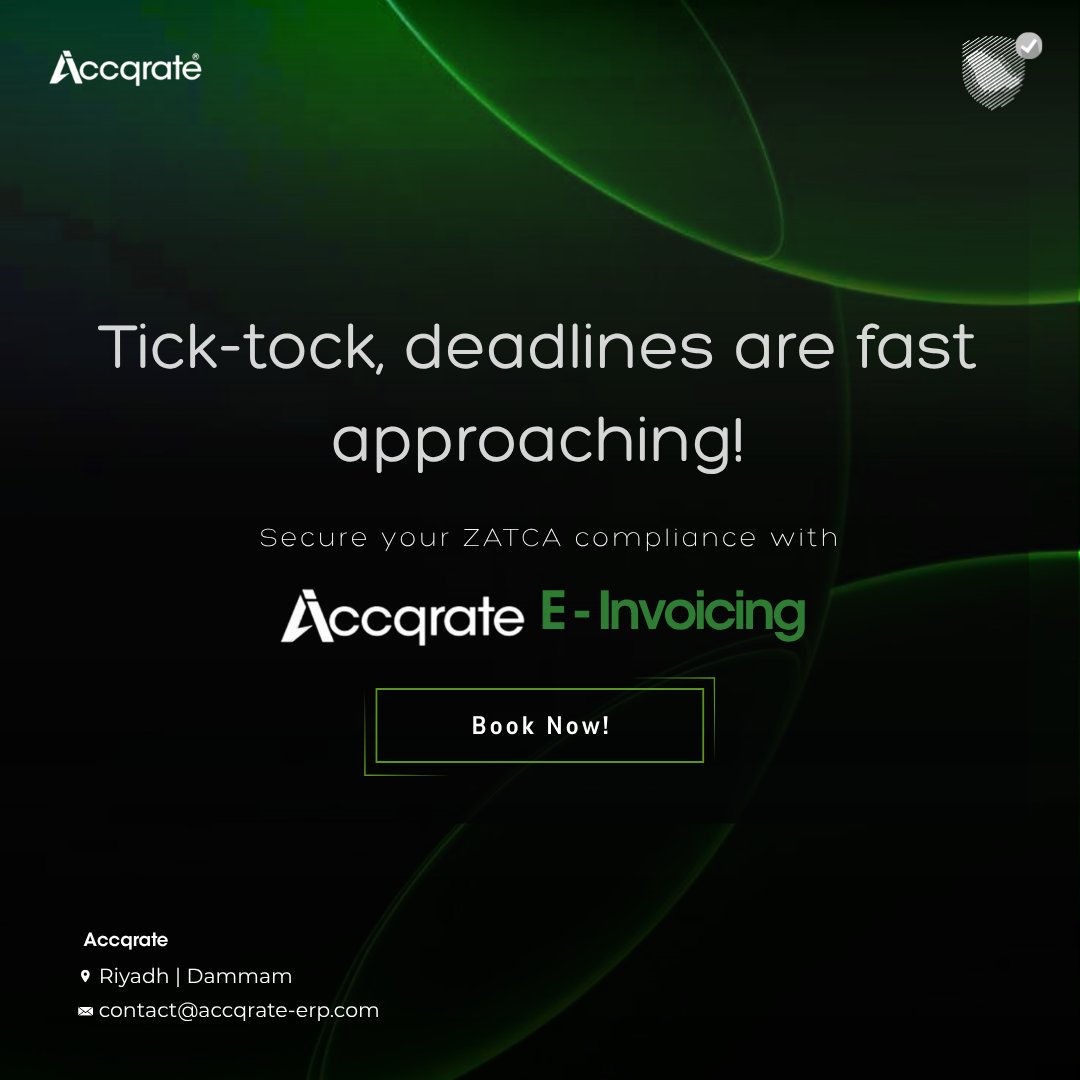 accqrate_erp's tweet image. Tick-tock! Deadlines approach. 
Secure #ZATCA compliance with #Accqrate. 
#Wave18 #einvoicing #Accqrateeinvoicing #einvoicing #saudiarabia #SaudiDigital